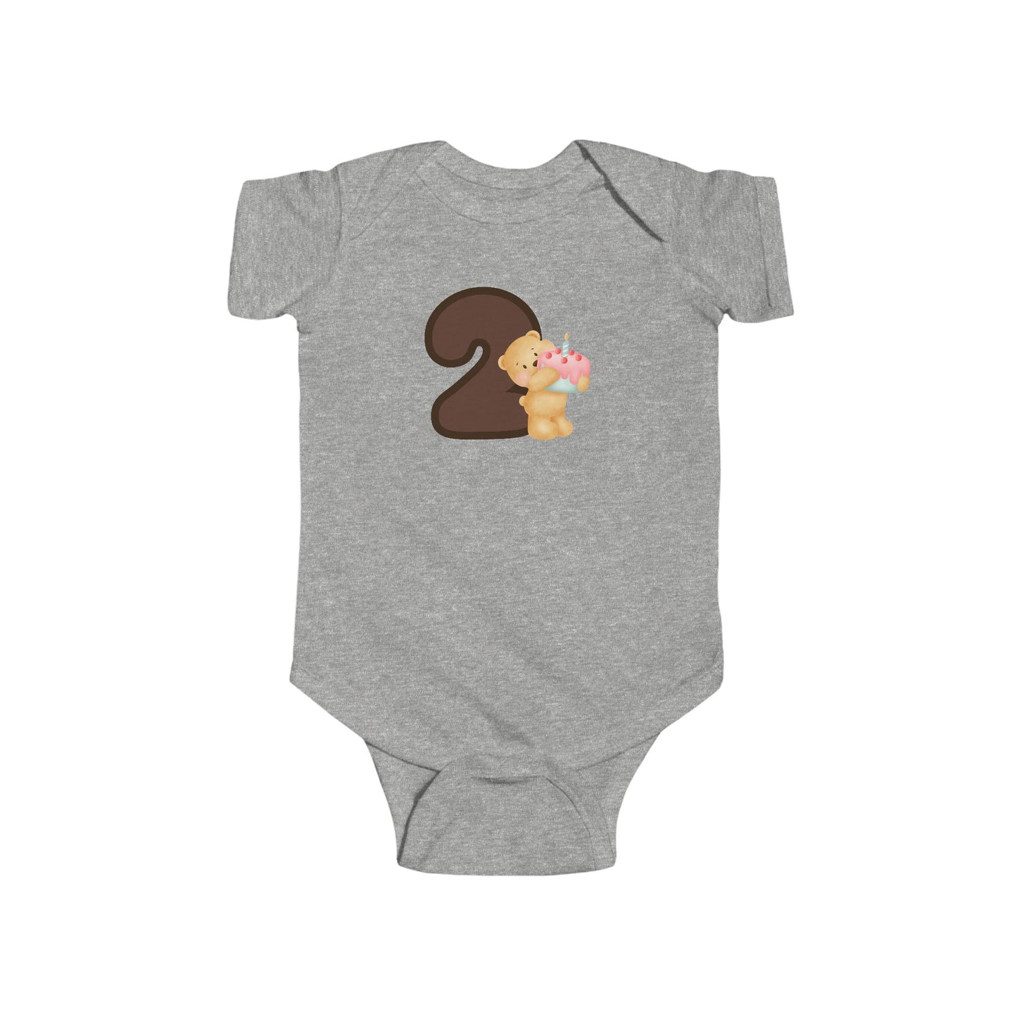 Baby bodysuit with “Teddy Bear with Cake – 2nd Birthday” design