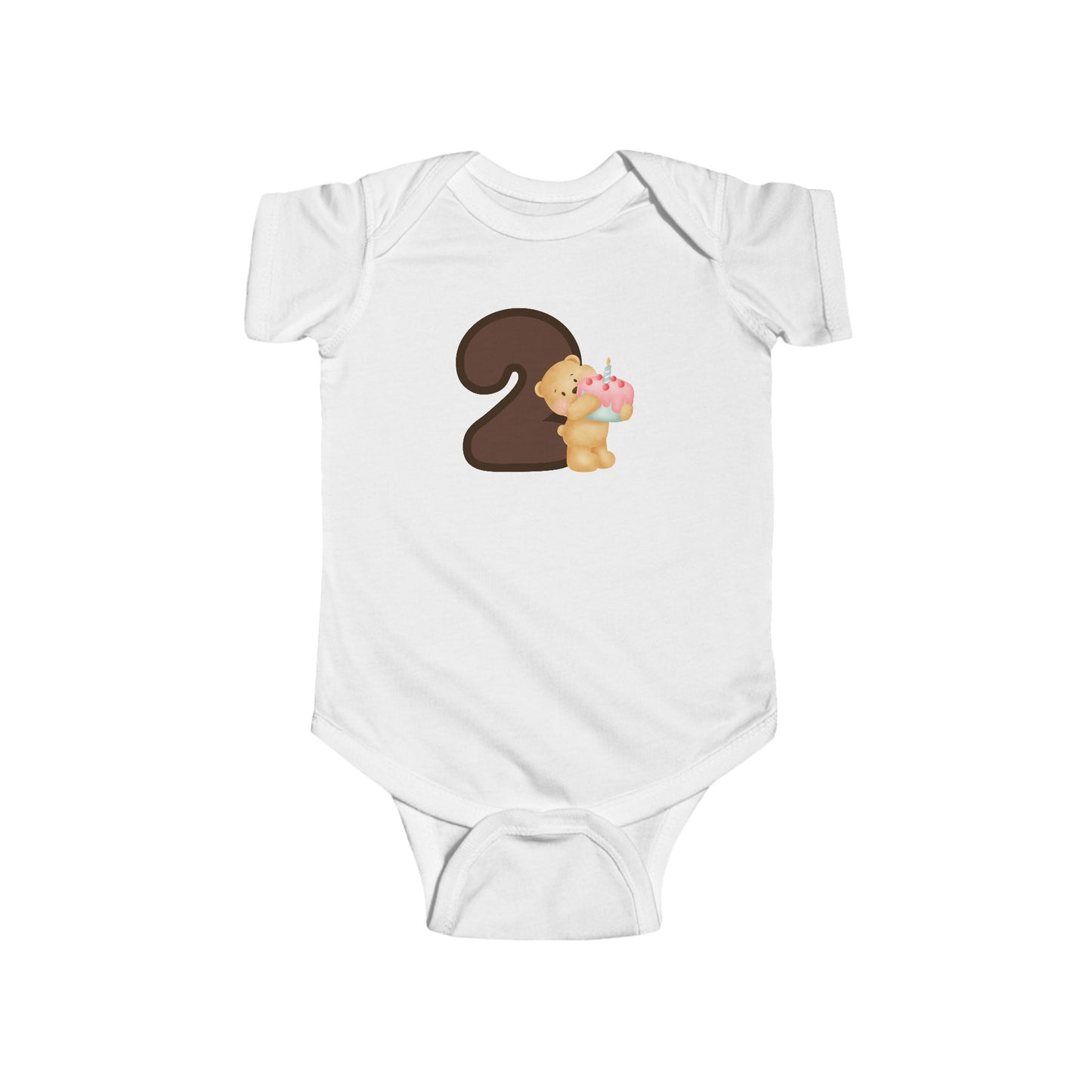 Baby bodysuit with “Teddy Bear with Cake – 2nd Birthday” design
