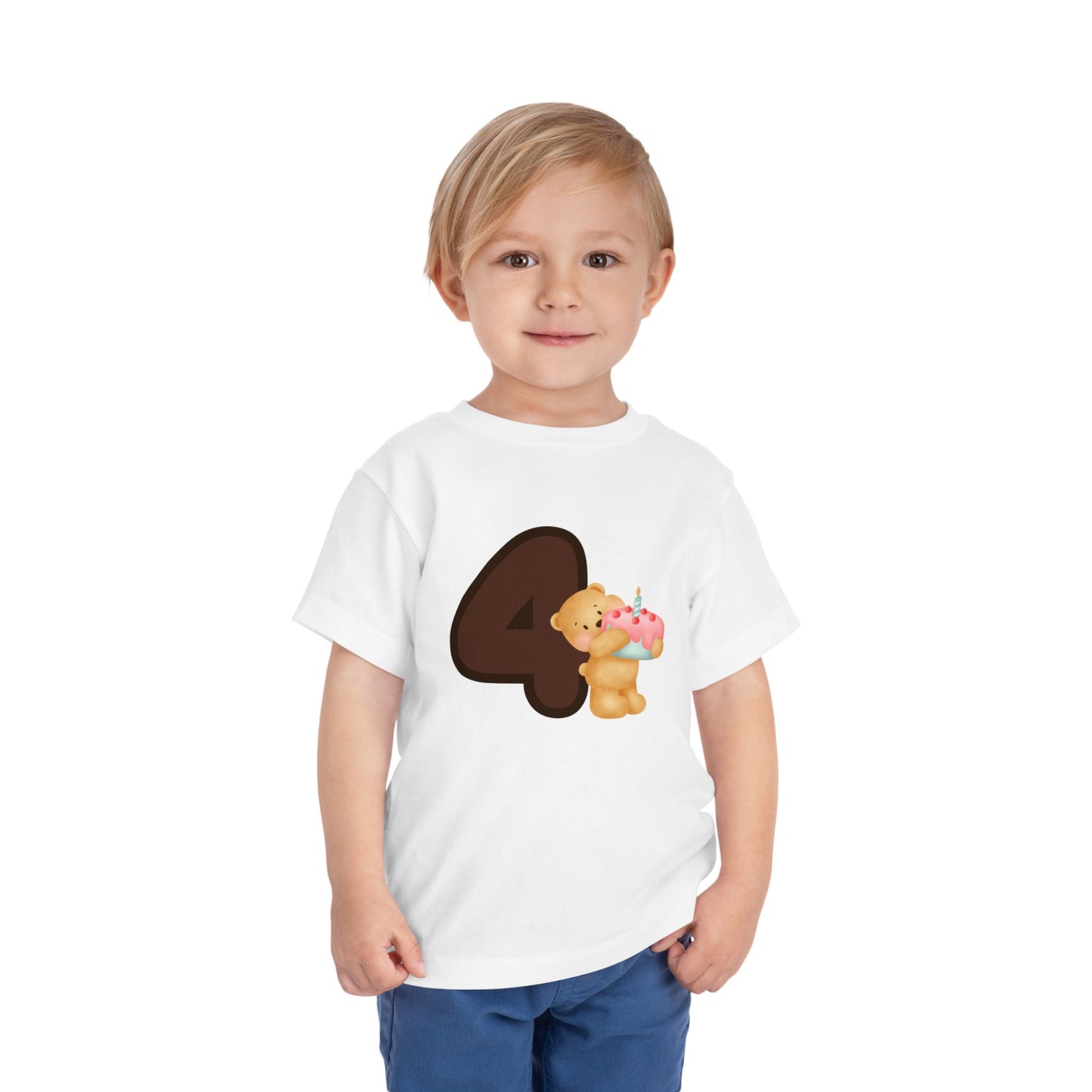 T-shirt for children with “Teddy Bear with Cake – 4th Birthday” design