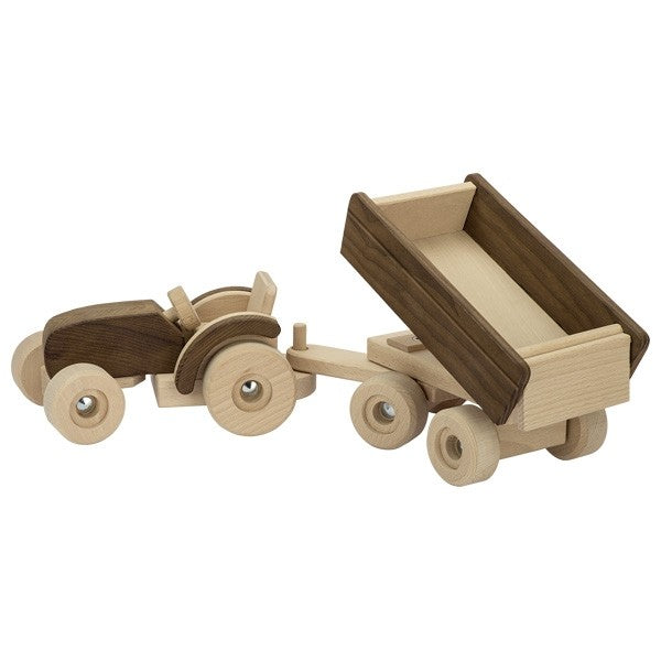 GOKI natural wood tractor with liftable trailer